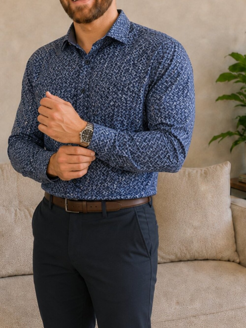Bugatchi Men Blue Geometric 100% Cotton Shaped Fit Button Down Shirt Size